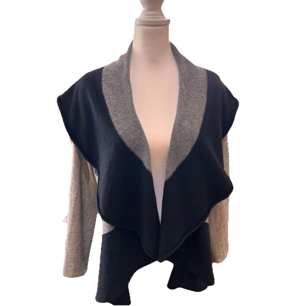 Vertical Design Wool Cashmere Colorblock Drape Waterfall Open Front Cardigan S